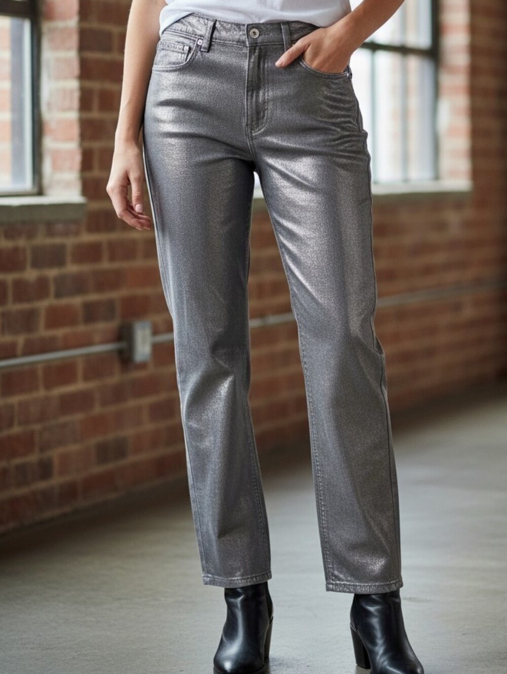 Zara Metallic Silver High Waist Sraight Leg Jeans With Shine
